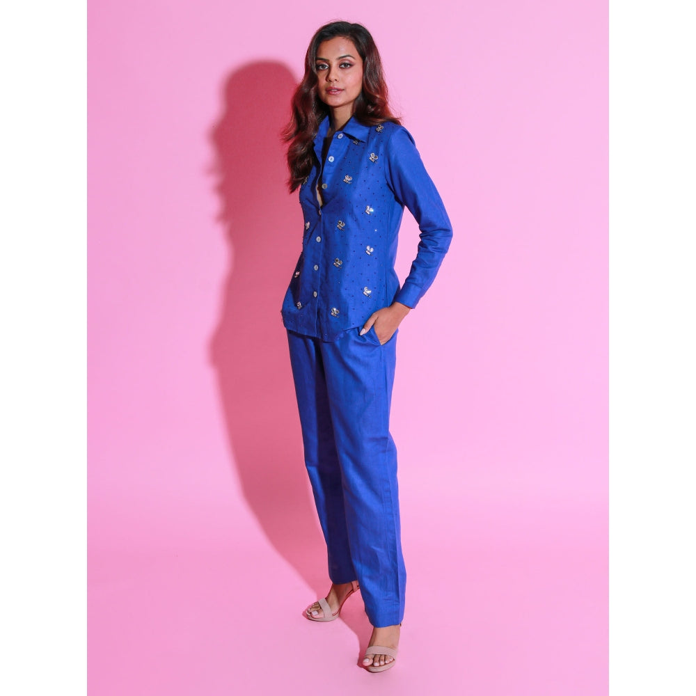 Echke Ink Blue Linen Co-Ord with Embroidery (Set of 2)
