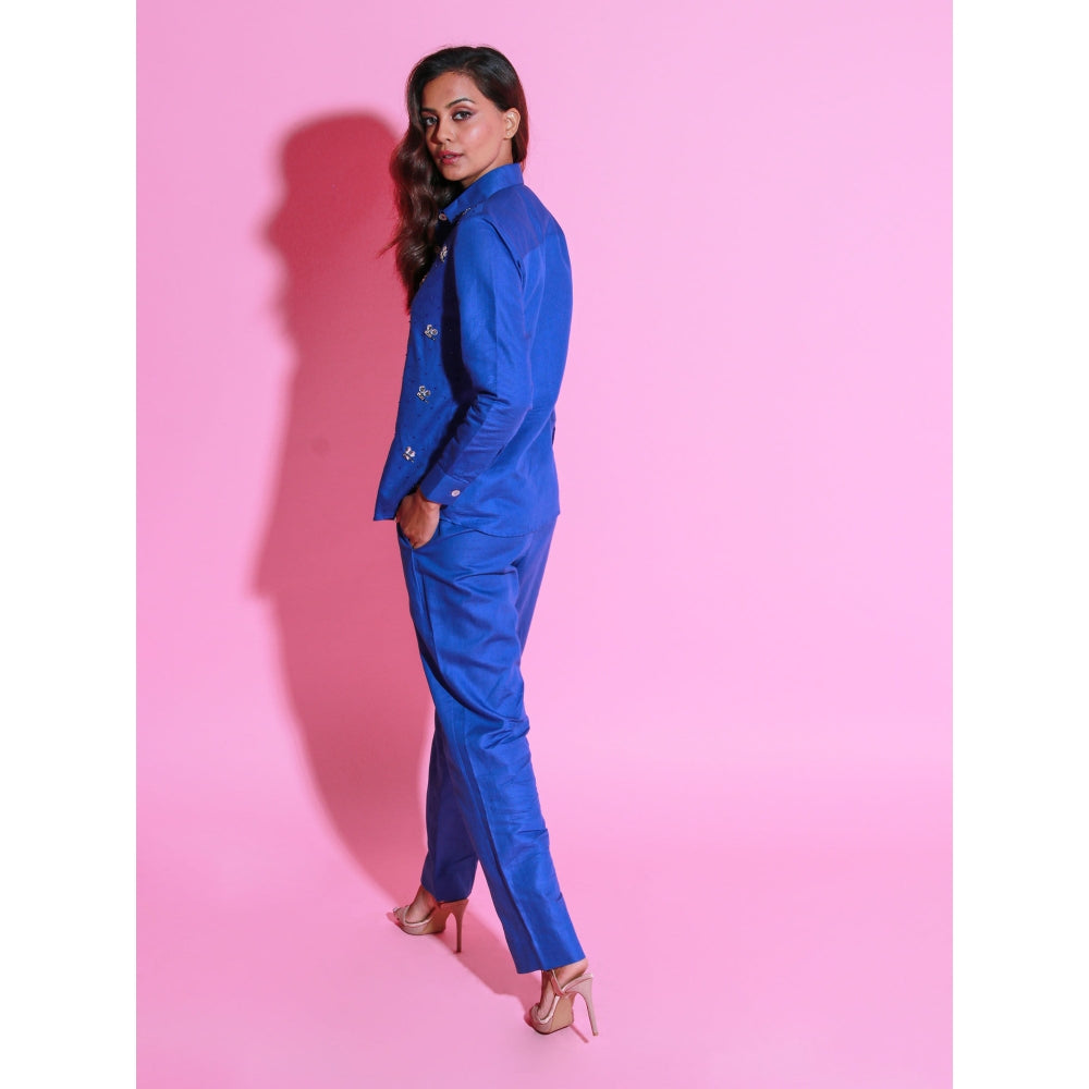 Echke Ink Blue Linen Co-Ord with Embroidery (Set of 2)