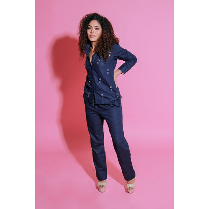Echke Navy Blue Linen Co-Ord with Embroidery (Set of 2)