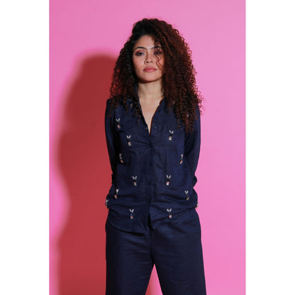 Echke Navy Blue Linen Co-Ord with Embroidery (Set of 2)
