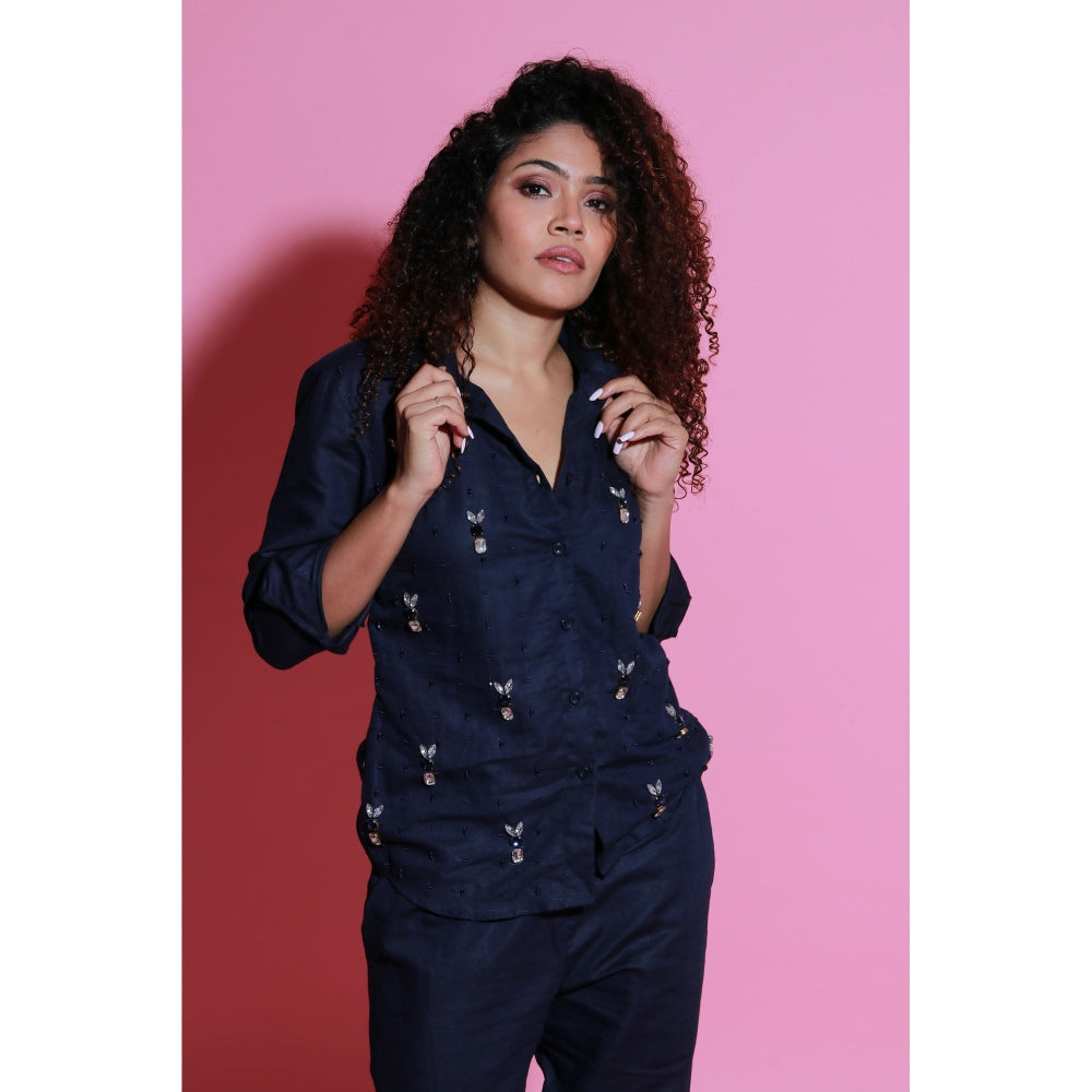 Echke Navy Blue Linen Co-Ord with Embroidery (Set of 2)