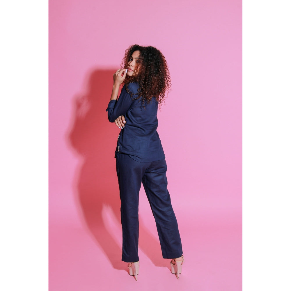 Echke Navy Blue Linen Co-Ord with Embroidery (Set of 2)
