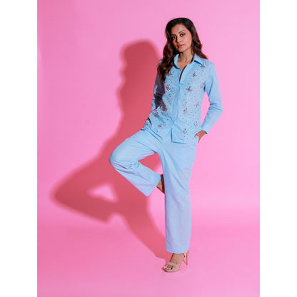 Echke Light Blue Linen Co-Ord with Embroidery (Set of 2)