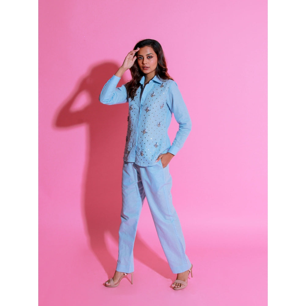 Echke Light Blue Linen Co-Ord with Embroidery (Set of 2)