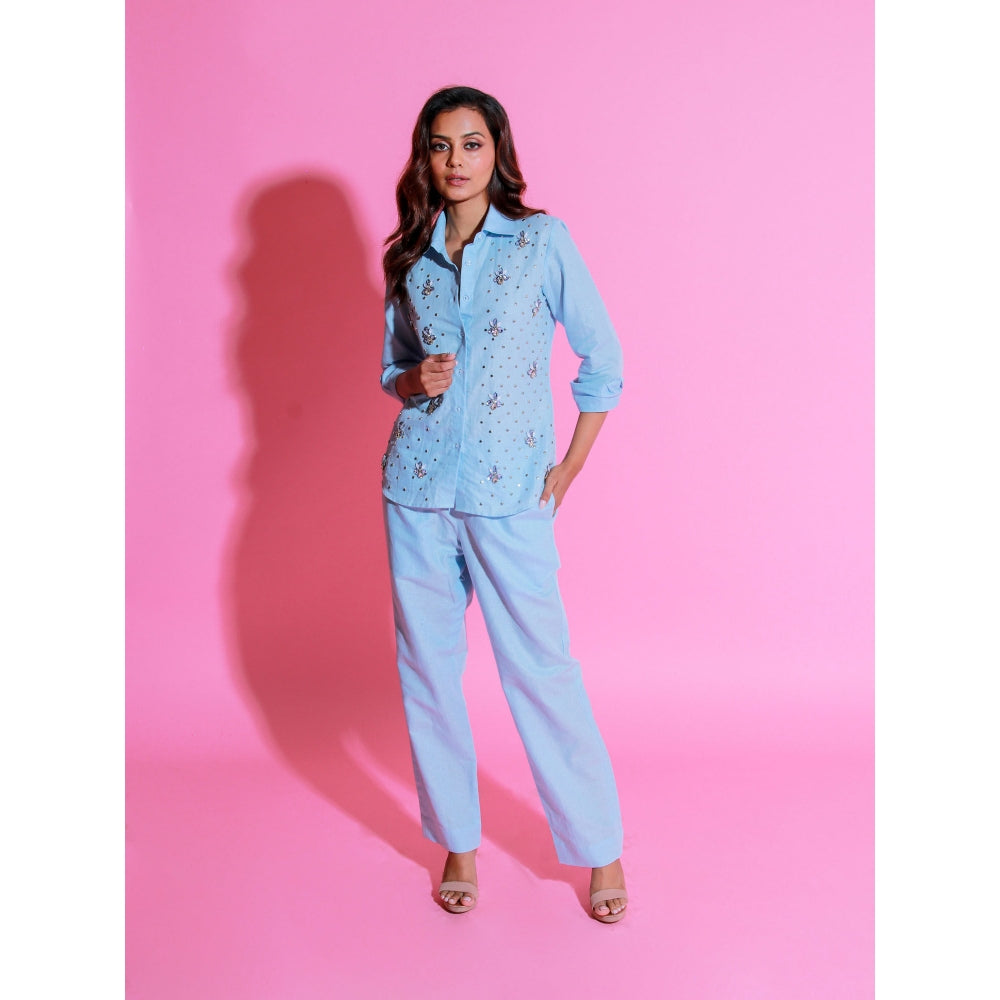 Echke Light Blue Linen Co-Ord with Embroidery (Set of 2)