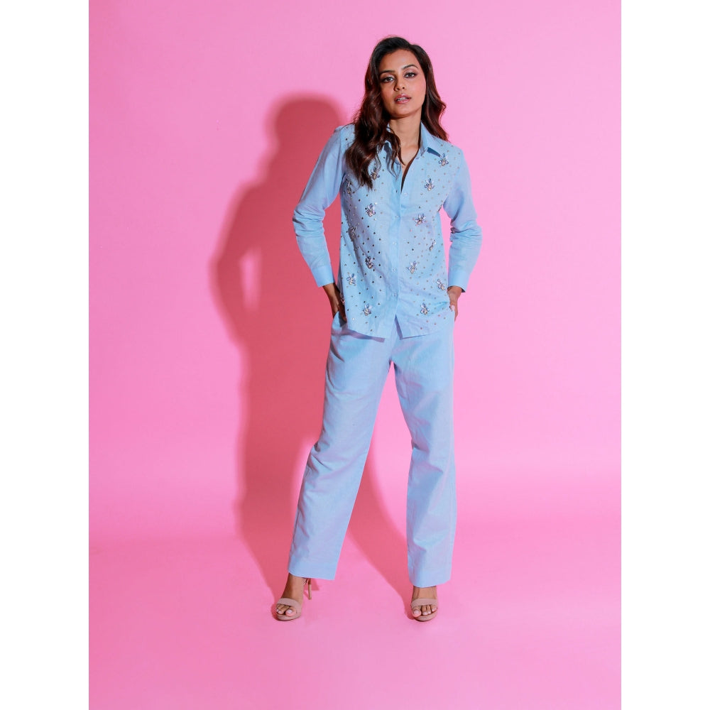 Echke Light Blue Linen Co-Ord with Embroidery (Set of 2)