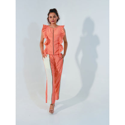 Echke Coral Colourblock Co- Ord with Frill and Zip Feature (Set of 2)
