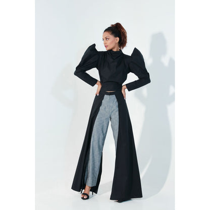 Echke Black Structured Crop Top with Subtle Drapes and High Waisted Pants (Set of 2)