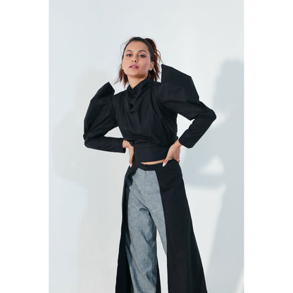 Echke Black Structured Crop Top with Subtle Drapes and High Waisted Pants (Set of 2)
