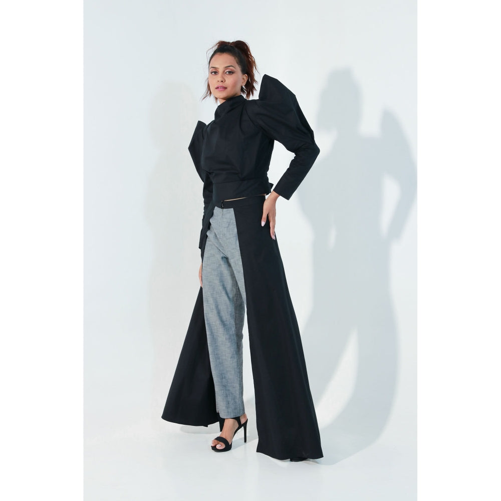 Echke Black Structured Crop Top with Subtle Drapes and High Waisted Pants (Set of 2)