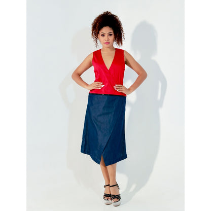 Echke Red and Denim Waist Zippered Dress