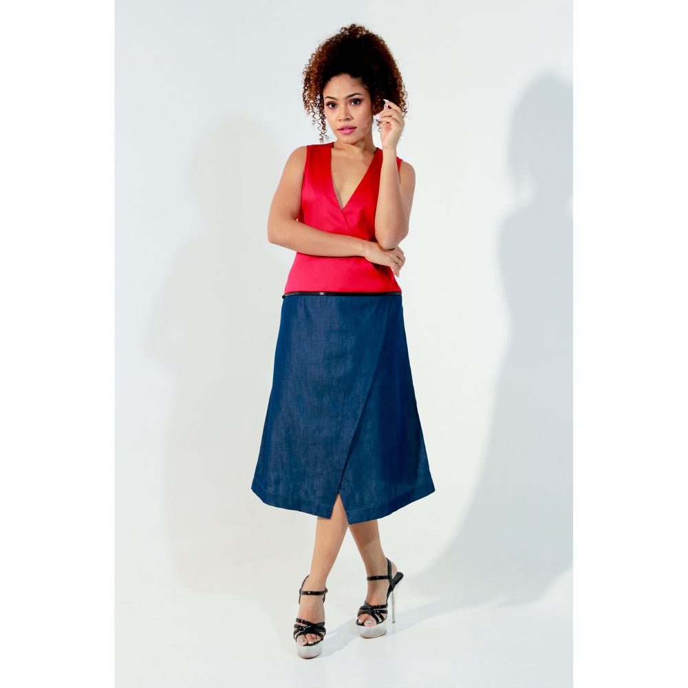 Echke Red and Denim Waist Zippered Dress