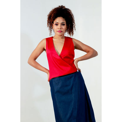 Echke Red and Denim Waist Zippered Dress