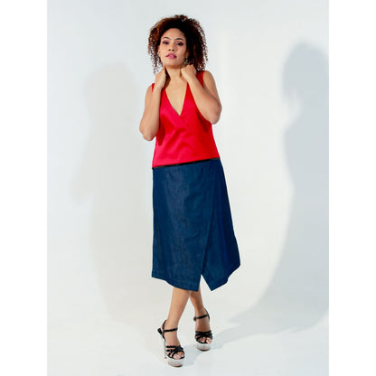 Echke Red and Denim Waist Zippered Dress