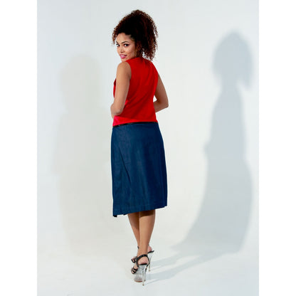 Echke Red and Denim Waist Zippered Dress