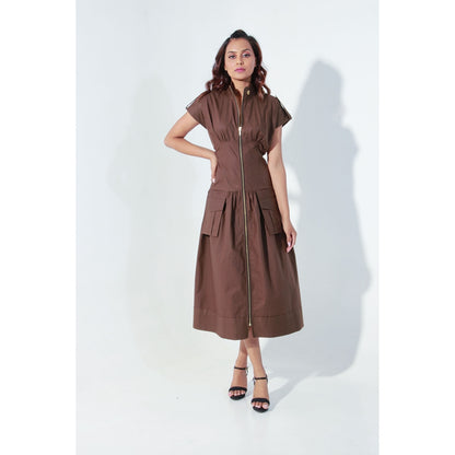 Echke Chocolate Brown Midi Dress with Quilting Feature and Zipper Placket
