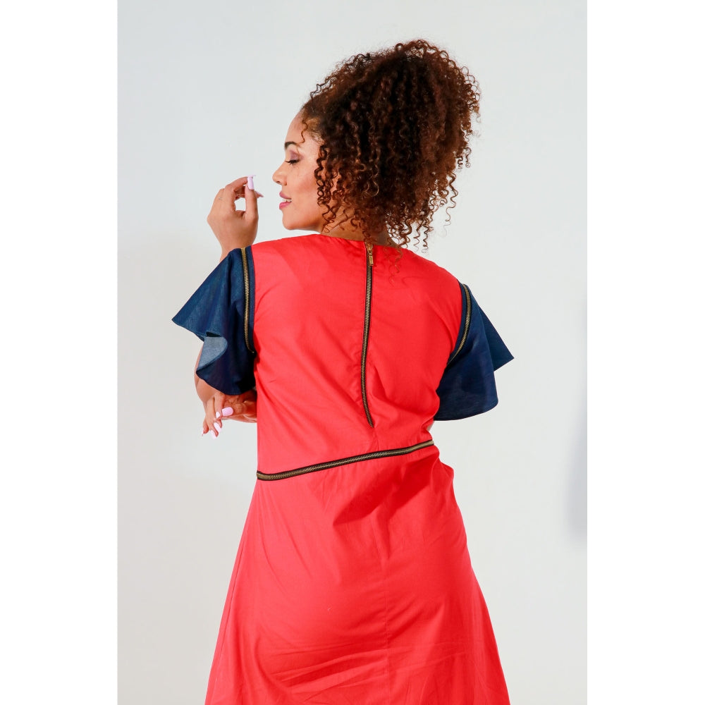 Echke Coral Sleeveless Dress with Waist Zipper and Cut Out Feature