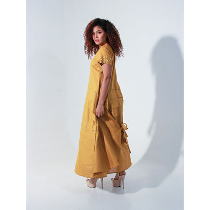 Echke Ochre Linen Long Dress with Self Panels and Tie-Up Feature At The Back