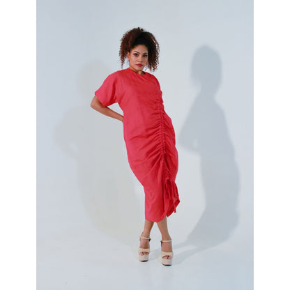 Echke Coral Linen Dress with Pull Up String Feature on One Side