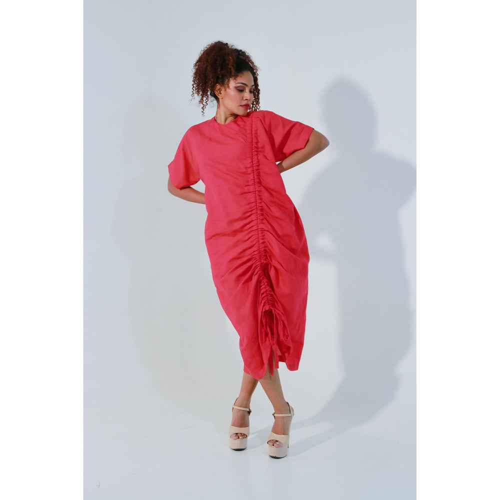 Echke Coral Linen Dress with Pull Up String Feature on One Side