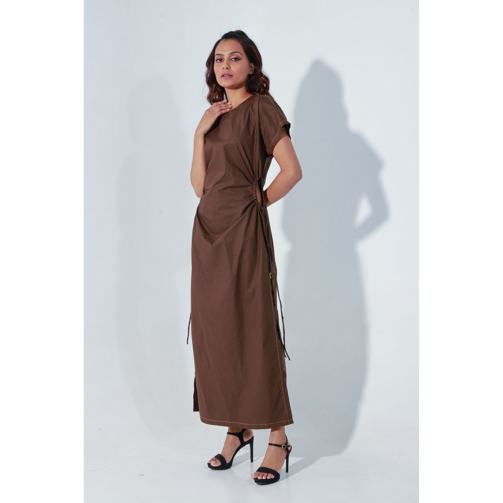 Echke Brown Long Dress with Raglan Sleeves Waist Cut-Outs and High Slits
