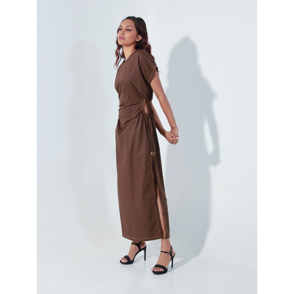 Echke Brown Long Dress with Raglan Sleeves Waist Cut-Outs and High Slits