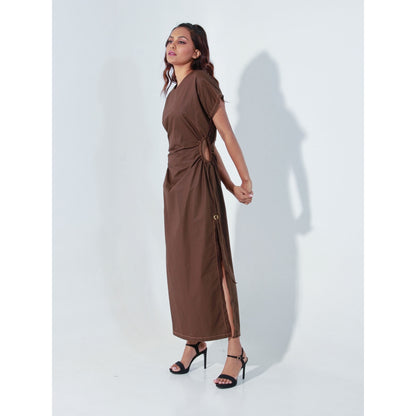 Echke Brown Long Dress with Raglan Sleeves Waist Cut-Outs and High Slits