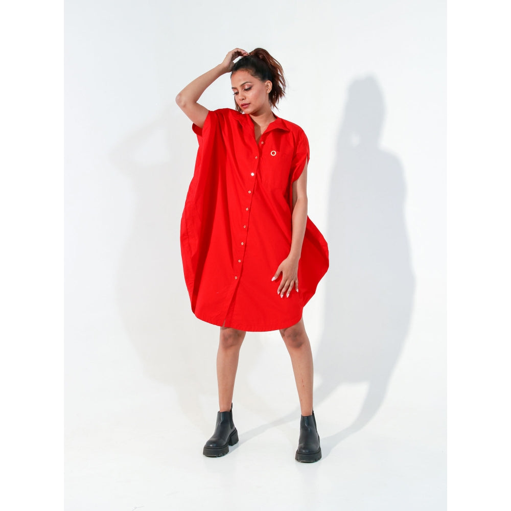 Echke Red Round Dress with One Pocket and Golden Eyelet