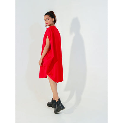 Echke Red Round Dress with One Pocket and Golden Eyelet