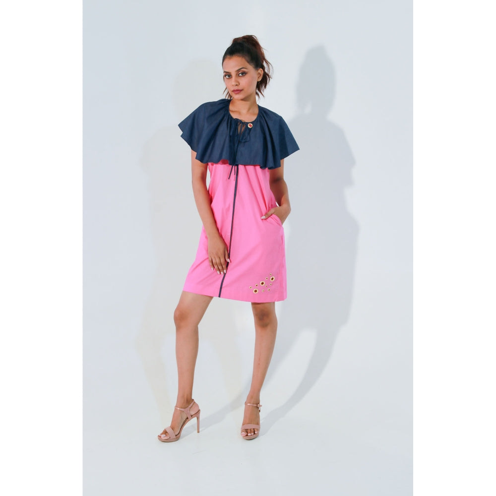 Echke Pink and Denim Short Dress with Cape Bib Feature Around The Neck