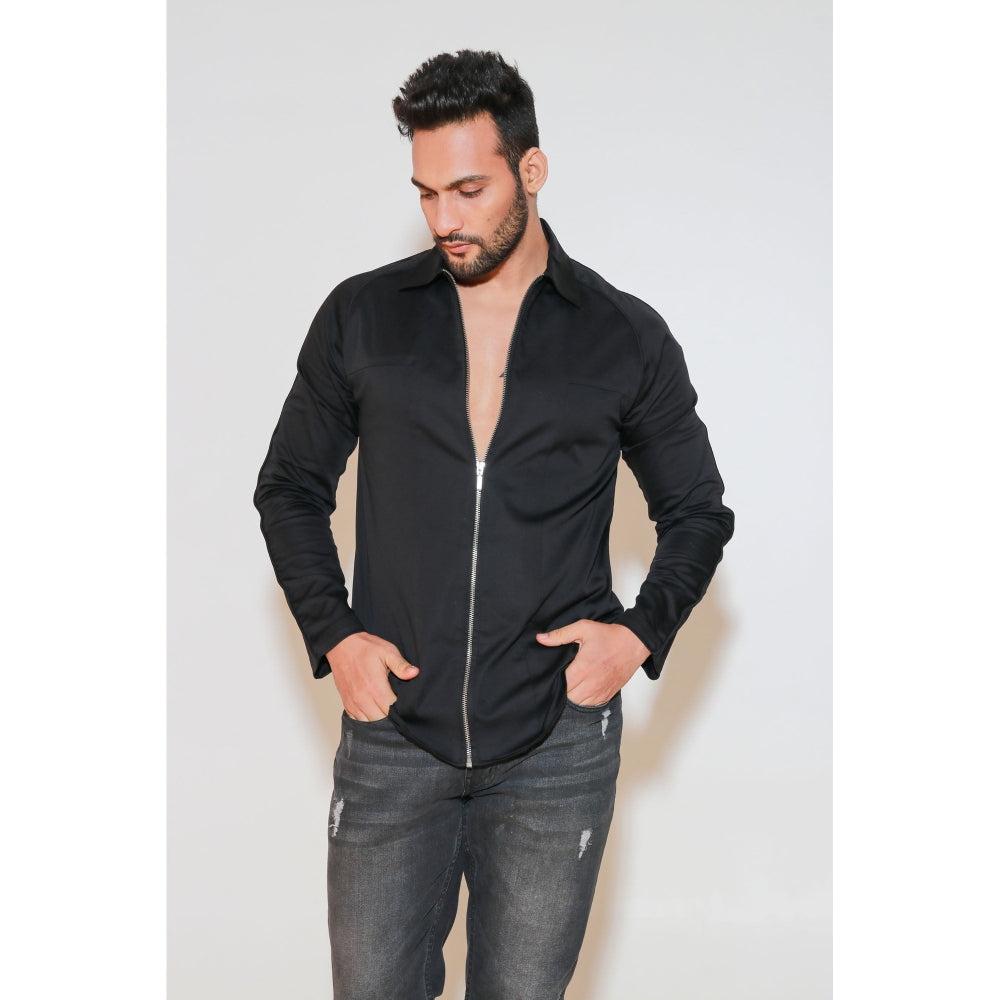 Echke Black Shirt with Self Piping On Shoulders and Zippered Placket
