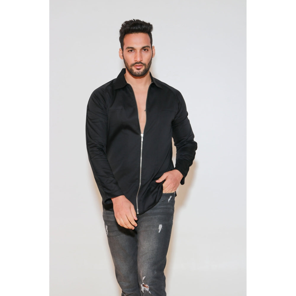 Echke Black Shirt with Self Piping On Shoulders and Zippered Placket
