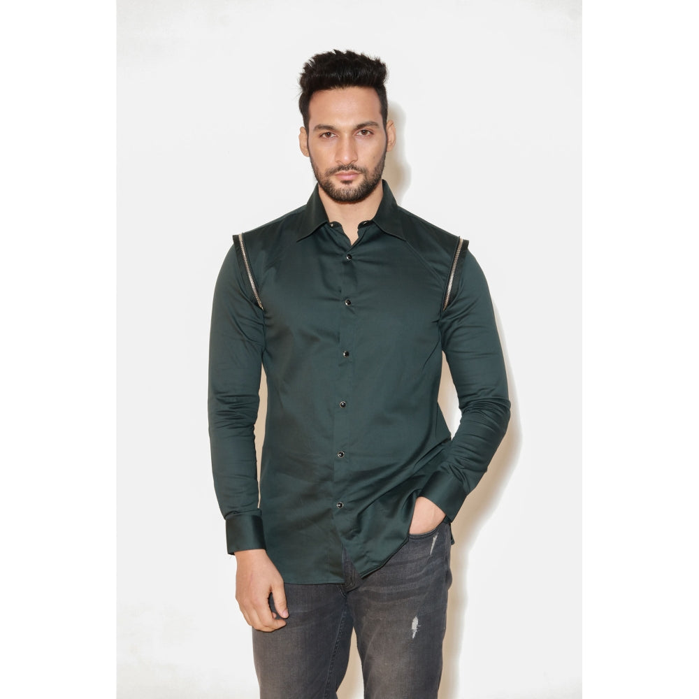 Echke Dark Green Full Sleeves Shirt with Silver Zipper and Cord Detailing On Both Shoulders