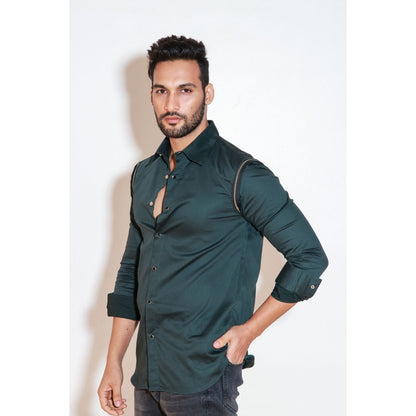Echke Dark Green Full Sleeves Shirt with Silver Zipper and Cord Detailing On Both Shoulders