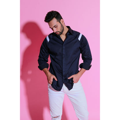 Echke Navy Blue Shirt with Piping & White Border On Shoulder