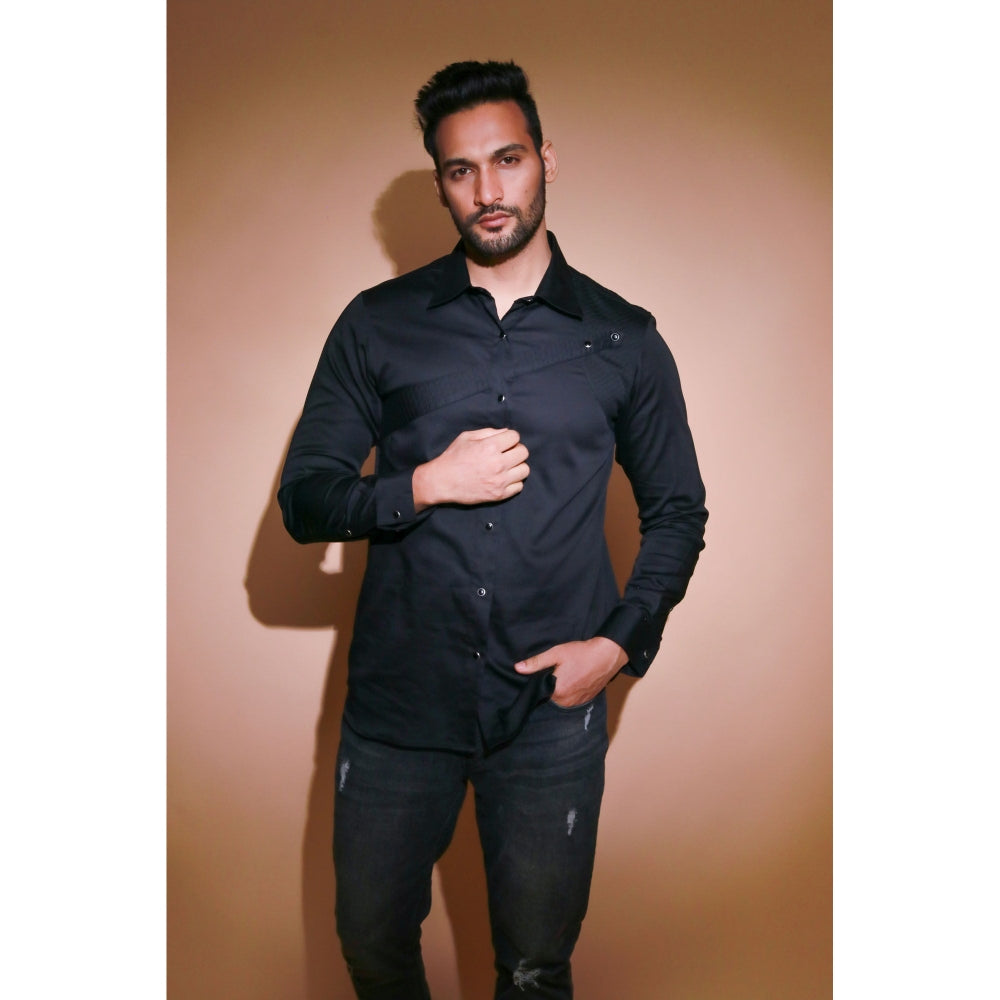 Echke Black Shirt with Quilted Patch and Patti Running Through The Placket