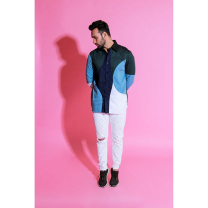 Echke White, Light Blue, Navy Blue and Black Full Sleeves Circular Pattern Patchwork Shirt
