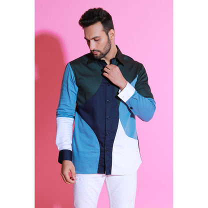 Echke White, Light Blue, Navy Blue and Black Full Sleeves Circular Pattern Patchwork Shirt