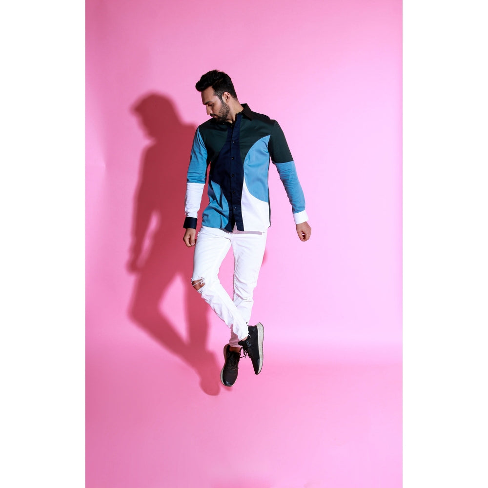 Echke White, Light Blue, Navy Blue and Black Full Sleeves Circular Pattern Patchwork Shirt