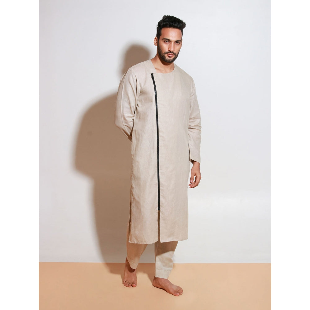 Echke Ecru Linen Kurta with Black One Side Long Zip (Set of 2)