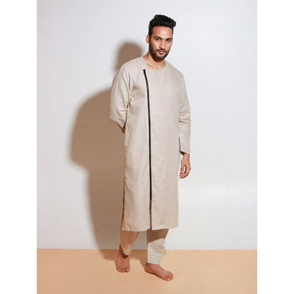 Echke Ecru Linen Kurta with Black One Side Long Zip (Set of 2)