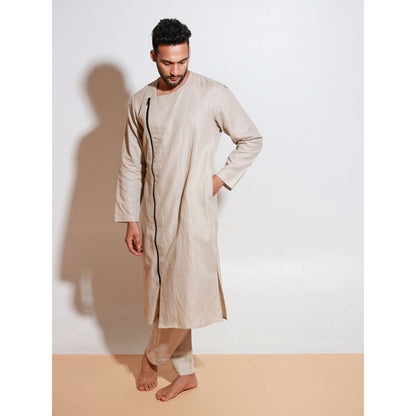 Echke Ecru Linen Kurta with Black One Side Long Zip (Set of 2)