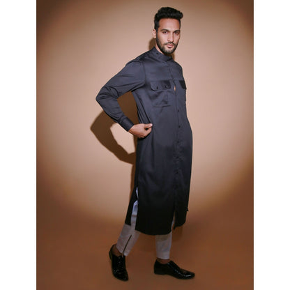 Echke Charcoal Jacket with 2 Front Pocket and Shoulder Flap Co-Ord with Narrow Pant (Set of 2)