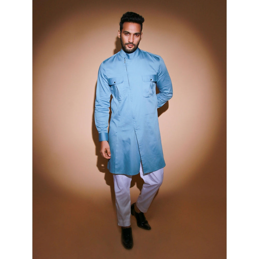 Echke Blue Stand Collar Kurta with White Narrow Pant (Set of 2)