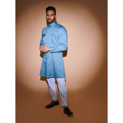 Echke Blue Stand Collar Kurta with White Narrow Pant (Set of 2)