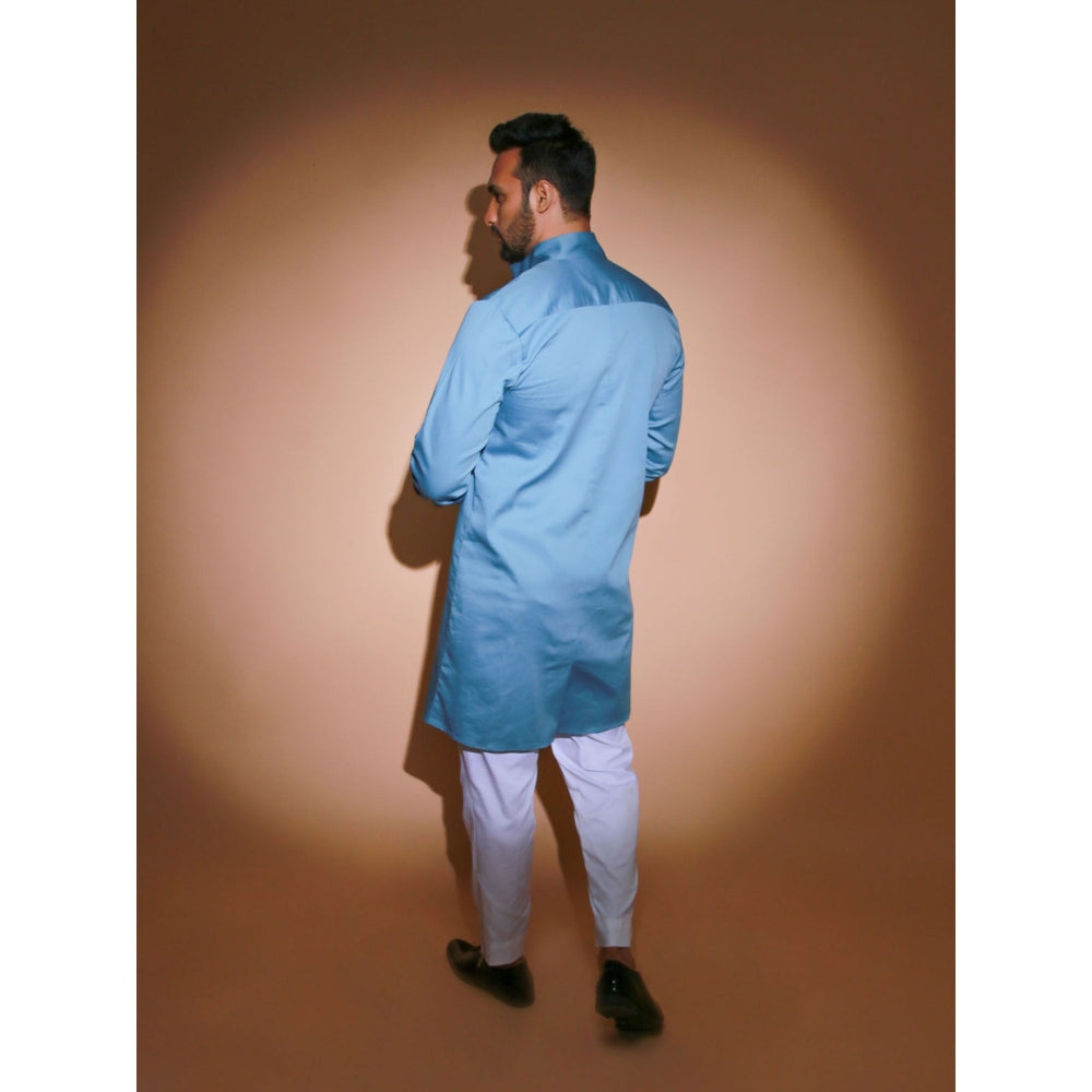Echke Blue Stand Collar Kurta with White Narrow Pant (Set of 2)
