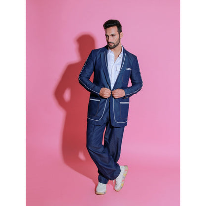 Echke Denim Jacket Co-Ord with White Piping and Wide Trouser with Side Strip (Set of 2)