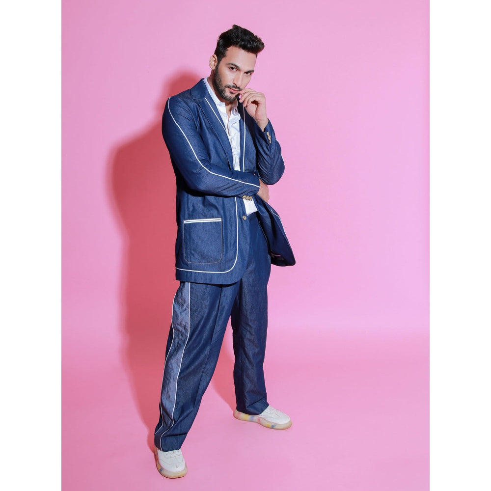 Echke Denim Jacket Co-Ord with White Piping and Wide Trouser with Side Strip (Set of 2)