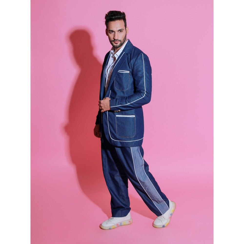 Echke Denim Jacket Co-Ord with White Piping and Wide Trouser with Side Strip (Set of 2)