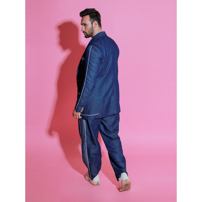 Echke Denim Jacket Co-Ord with White Piping and Wide Trouser with Side Strip (Set of 2)